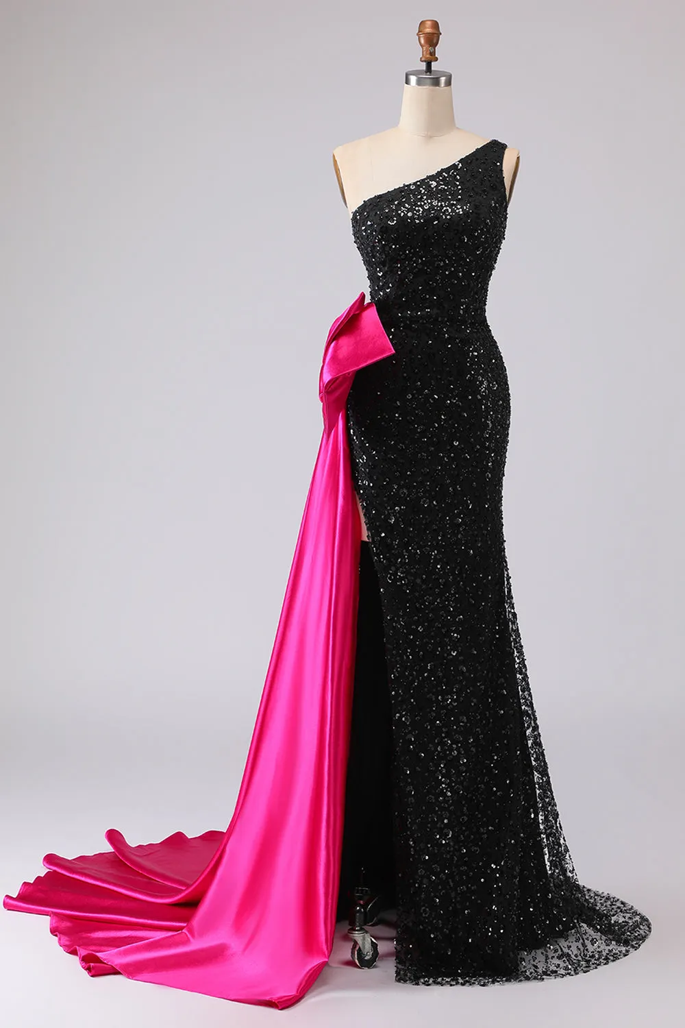 Sparkly One Shoulder Sequin Black Mermaid Long Prom Dress with Sash sold by Wedtrend product image thumbnail 3