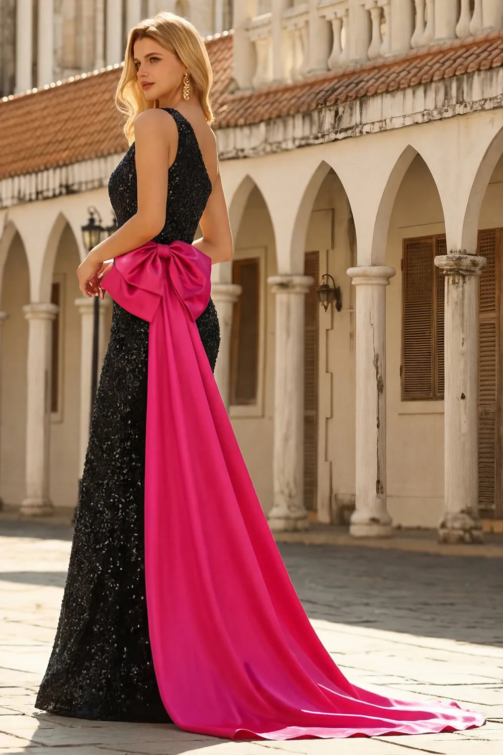 Sparkly One Shoulder Sequin Black Mermaid Long Prom Dress with Sash sold by Wedtrend product image thumbnail 2
