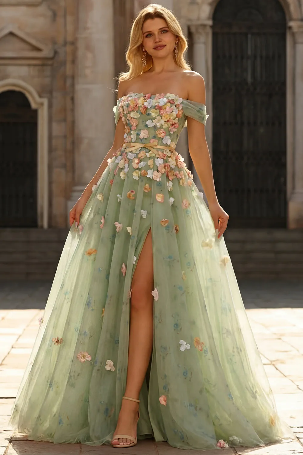 Off the Shoulder Green A Line Long Prom Dress with 3D Flowers sold by Wedtrend product image thumbnail 5