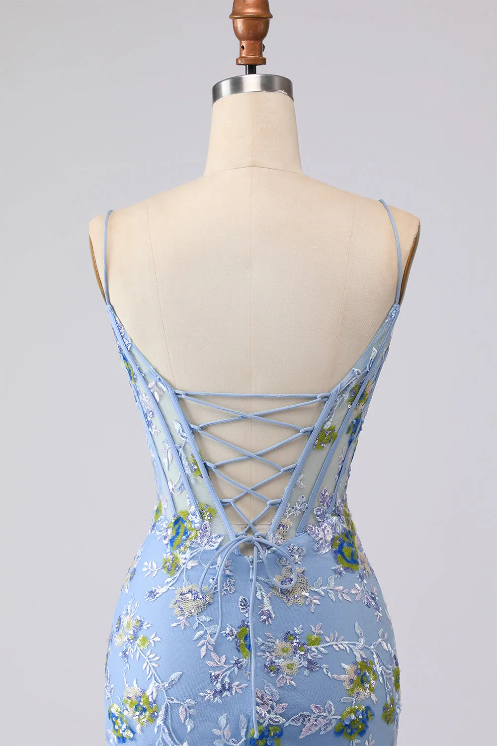 Blue Sequin Mermaid Embrodiered Corset Long Prom Dress with Ruffles sold by Wedtrend product image thumbnail 5