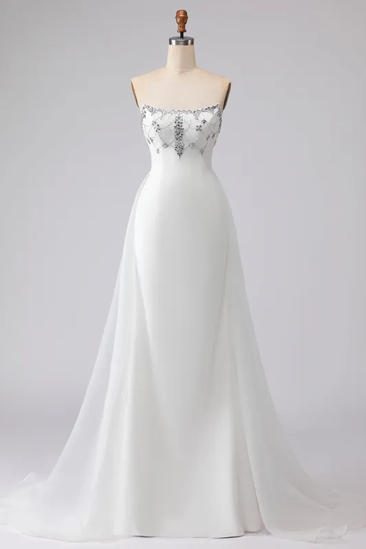 White A Line Beaded Strapless Long Wedding Dress sold by Wedtrend