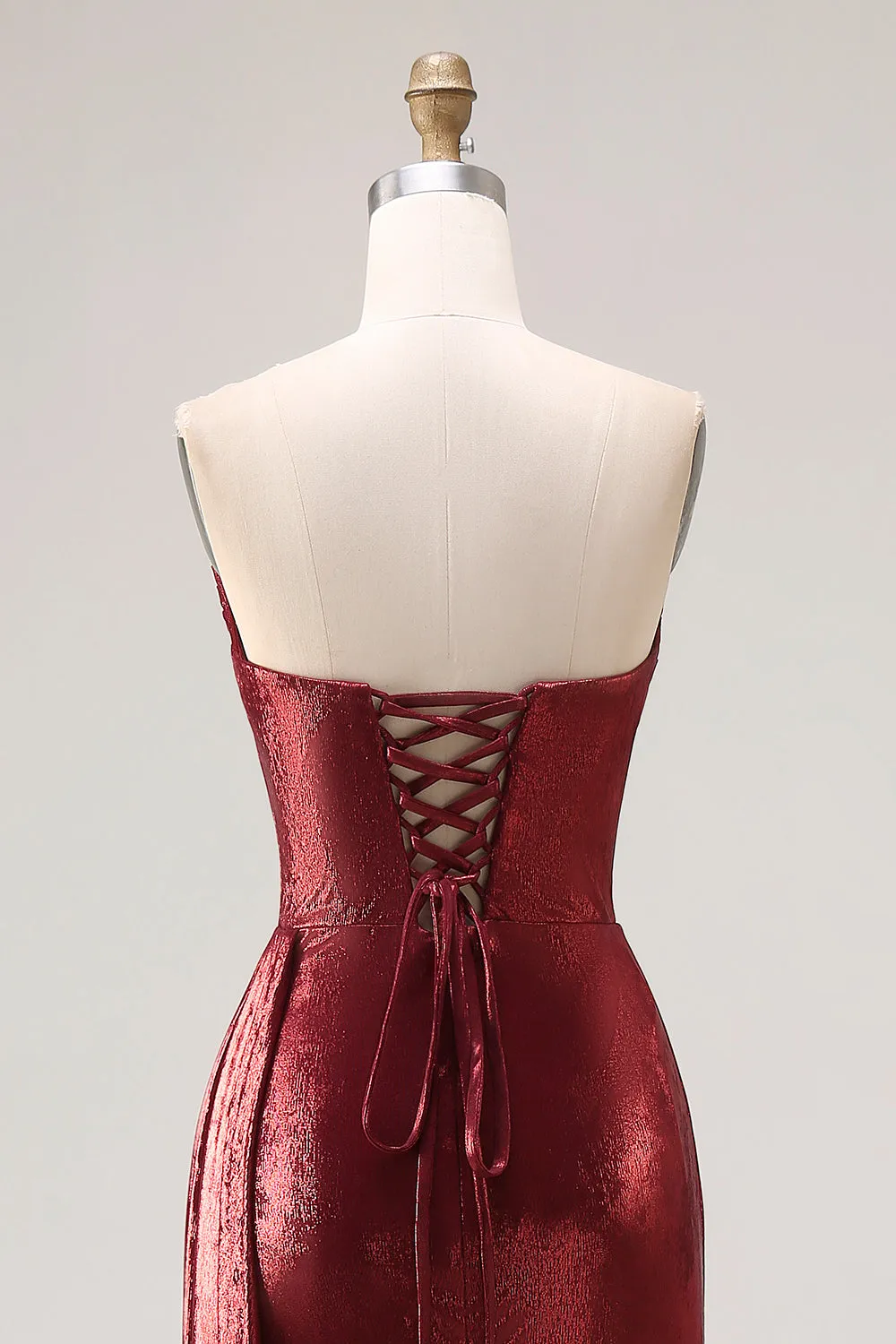 Metallic Burgundy Strapless Mermaid Ruched Long Prom Dress with Slit sold by Wedtrend product image thumbnail 5