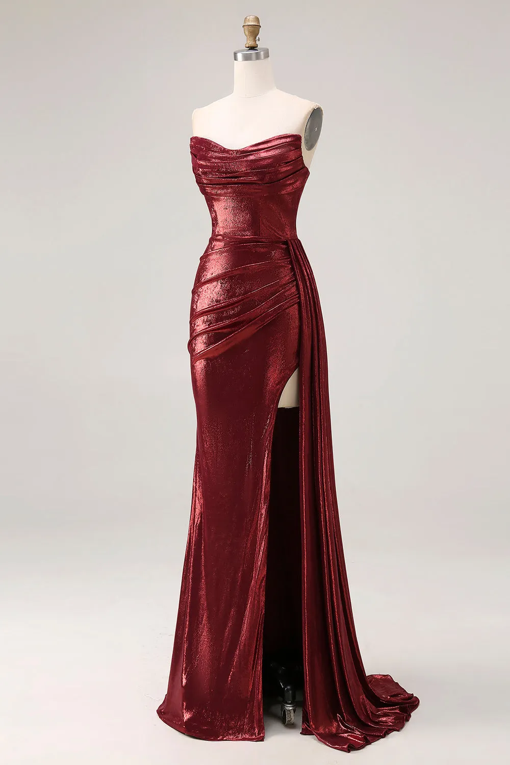 Metallic Burgundy Strapless Mermaid Ruched Long Prom Dress with Slit sold by Wedtrend product image thumbnail 3