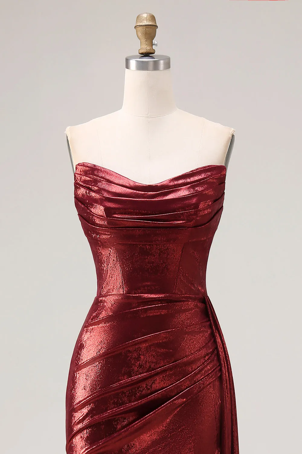 Metallic Burgundy Strapless Mermaid Ruched Long Prom Dress with Slit sold by Wedtrend product image thumbnail 4