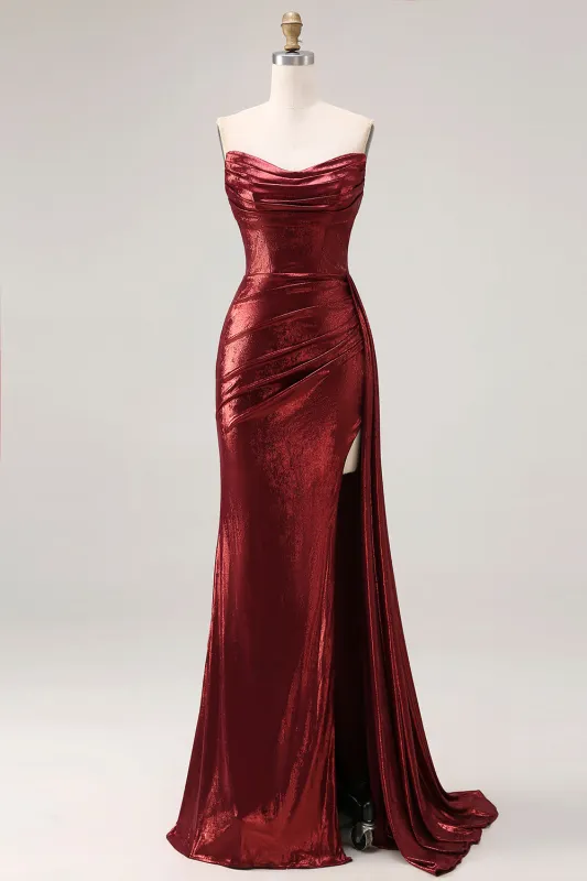 Metallic Burgundy Strapless Mermaid Ruched Long Prom Dress with Slit sold by Wedtrend