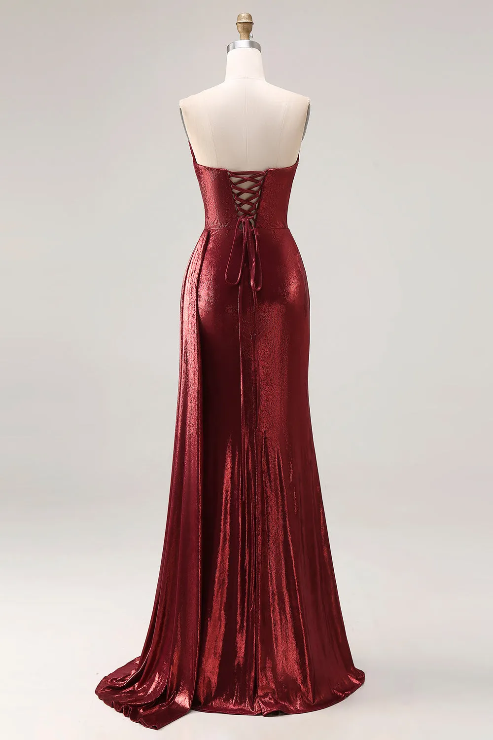 Metallic Burgundy Strapless Mermaid Ruched Long Prom Dress with Slit sold by Wedtrend product image thumbnail 2