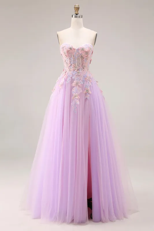 Lilac Strapless A Line Corset Appliqued Long Prom Dress with Slit made by Wedtrend