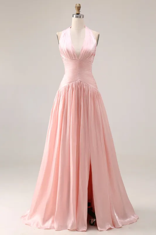 Halter Blush Pink A Line Pleated Long Prom Dress with Slit made by Wedtrend