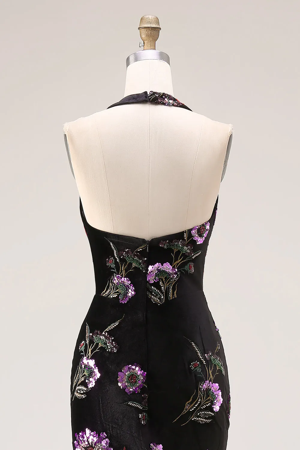 Black Halter Mermaid Velvet Embroidered Sequin Long Prom Dress with Slit sold by Wedtrend product image thumbnail 5