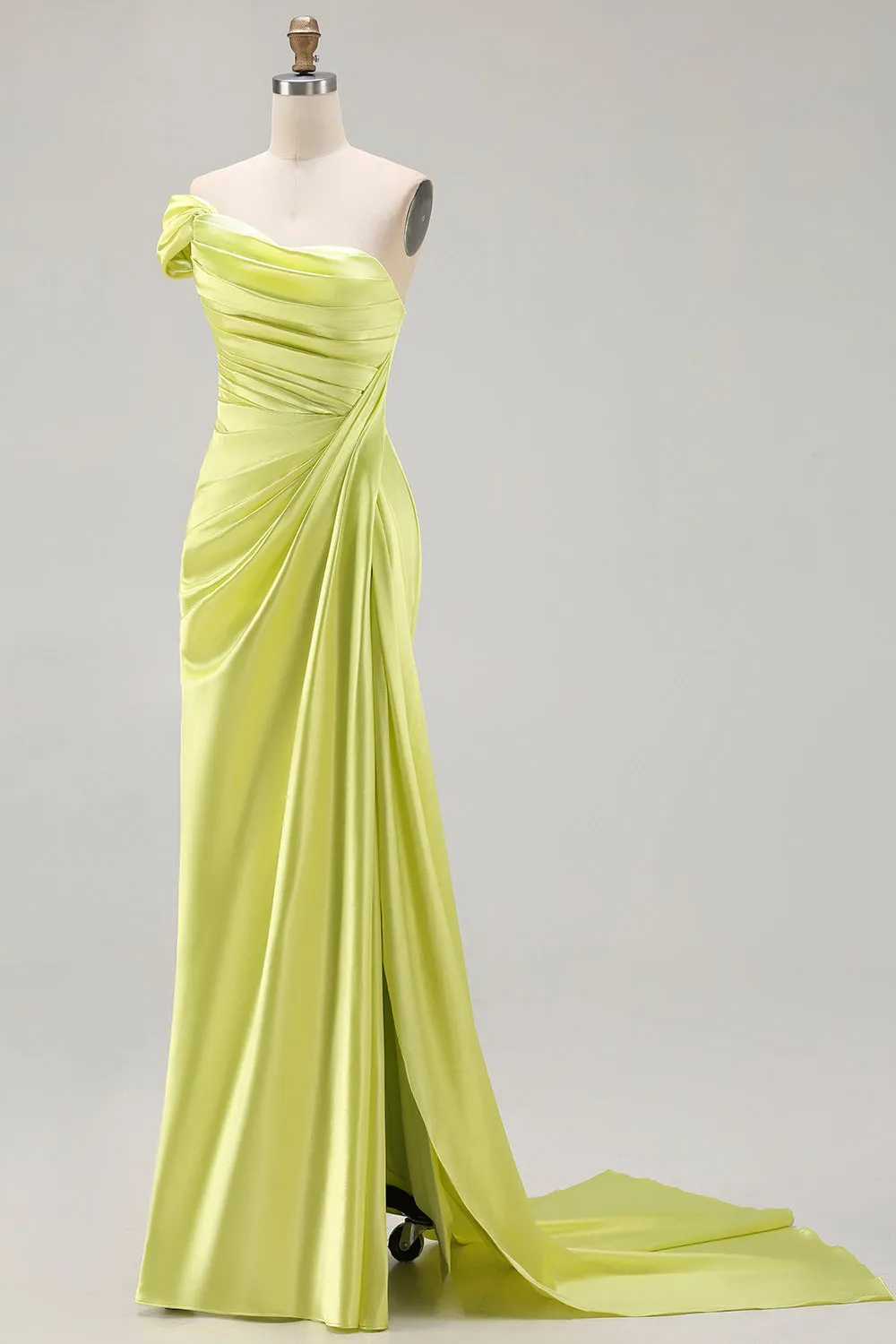 One Shoulder Green Sheath Ruched Long Prom Dress with Slit sold by Wedtrend product image thumbnail 3