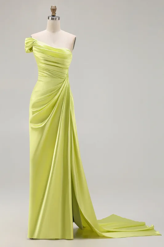 One Shoulder Green Sheath Ruched Long Prom Dress with Slit made by Wedtrend
