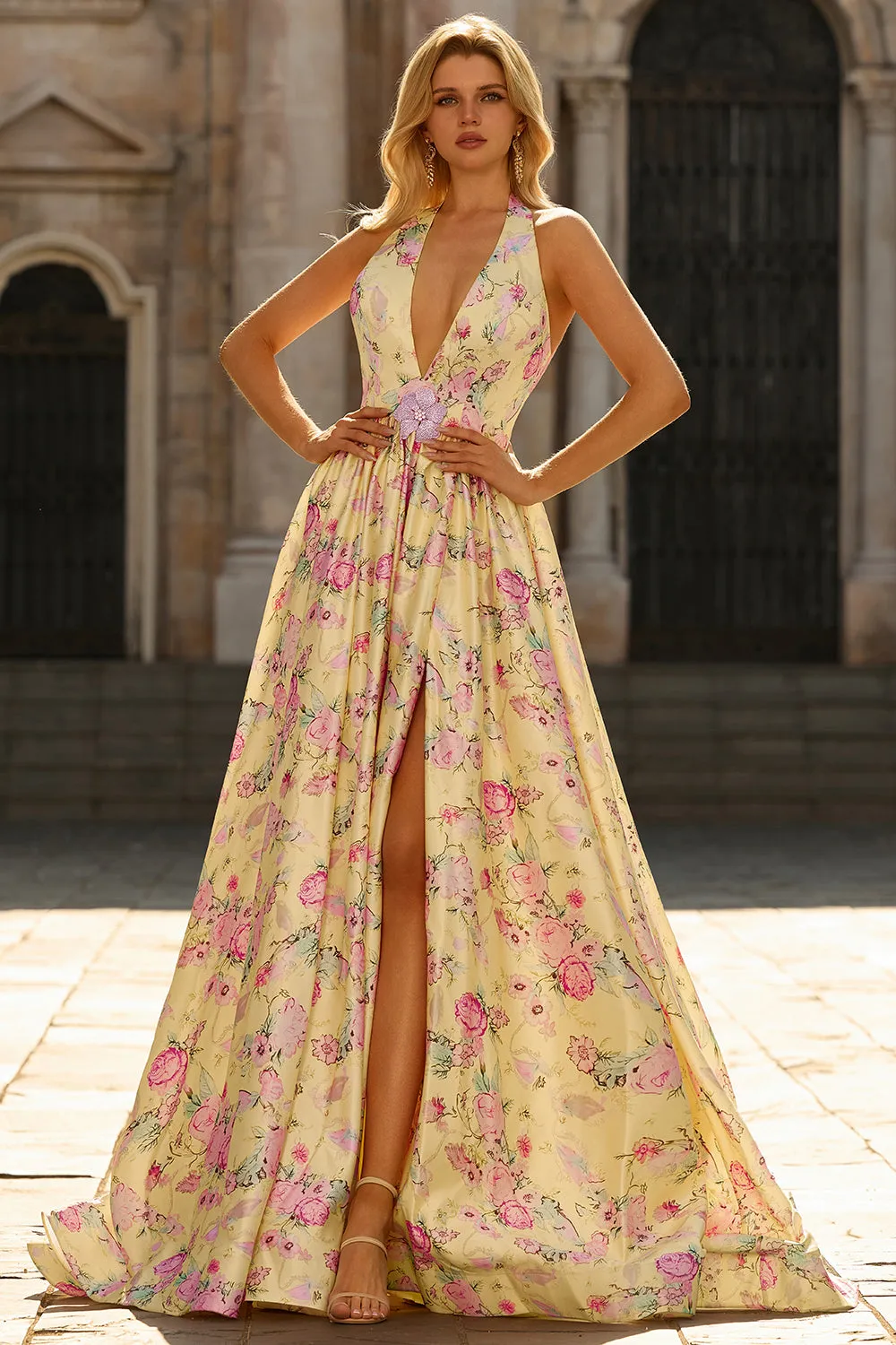 Yellow Pink Flower A Line Halter Long Prom Dress with Slit sold by Wedtrend product image thumbnail 3