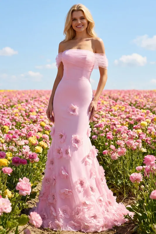 Off the Shoulder Pink Mermaid Long Prom Dress with 3D Flowers sold by Wedtrend