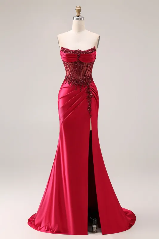 Burgundy Strapless Mermaid Beaded Corset Long Prom Dress with Slit sold by Wedtrend