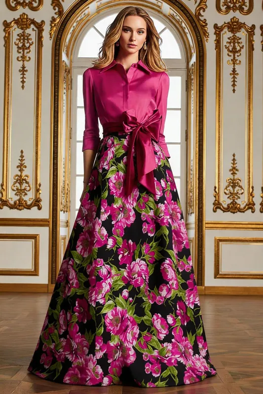 Fuchsia Floral A Line Long Mother of the Bride Dress with 3/4 Sleeves sold by Wedtrend