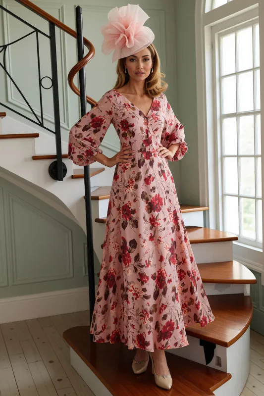 Dusty Rose Floral Printed A Line V Neck Long Mother of the Bride Dress made by Wedtrend