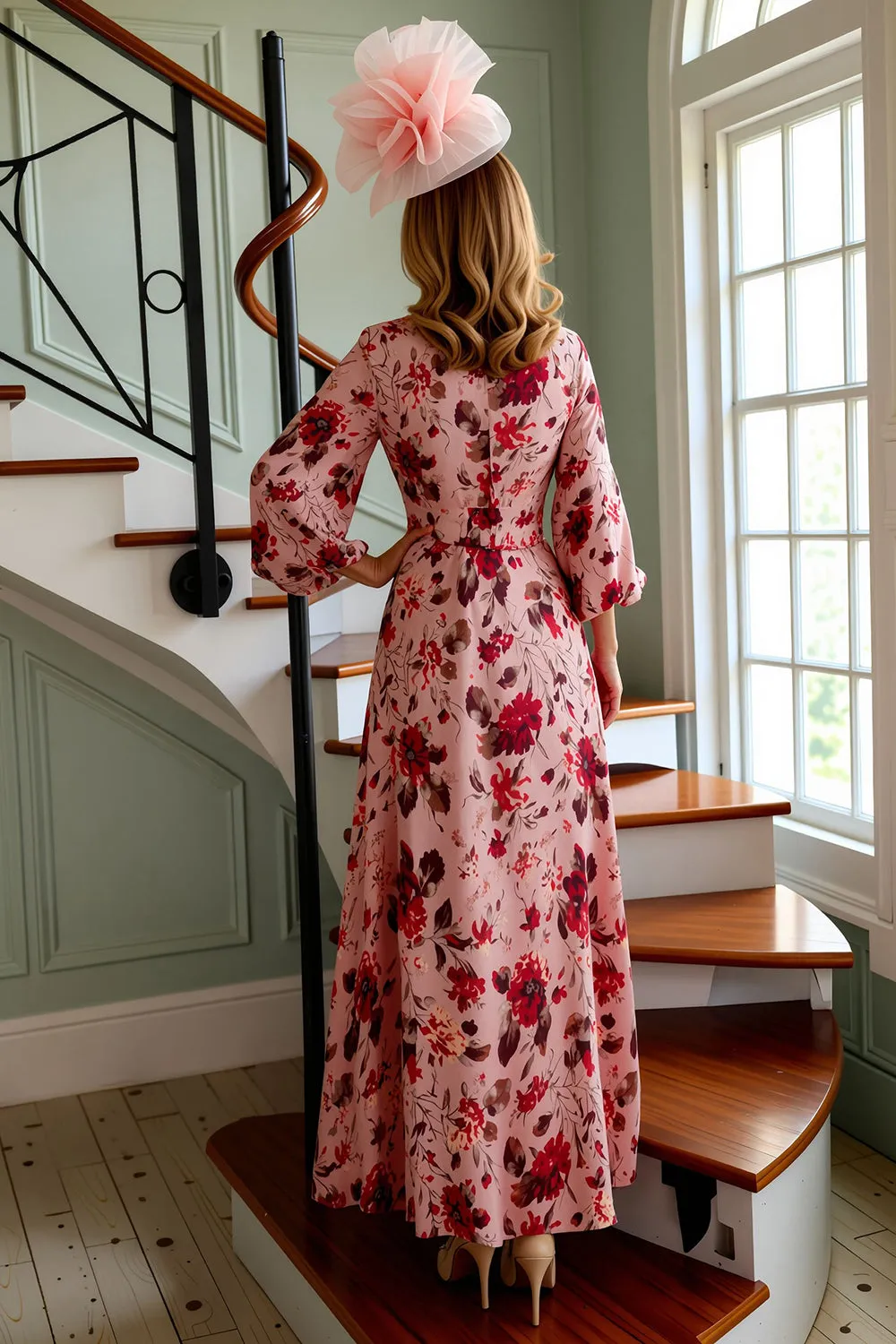 Dusty Rose Floral Printed A Line V Neck Long Mother of the Bride Dress sold by Wedtrend product image thumbnail 2