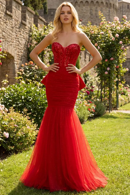 Red Sequin Sweetheart Mermaid Corset Long Prom Dress with Large Bow made by Wedtrend
