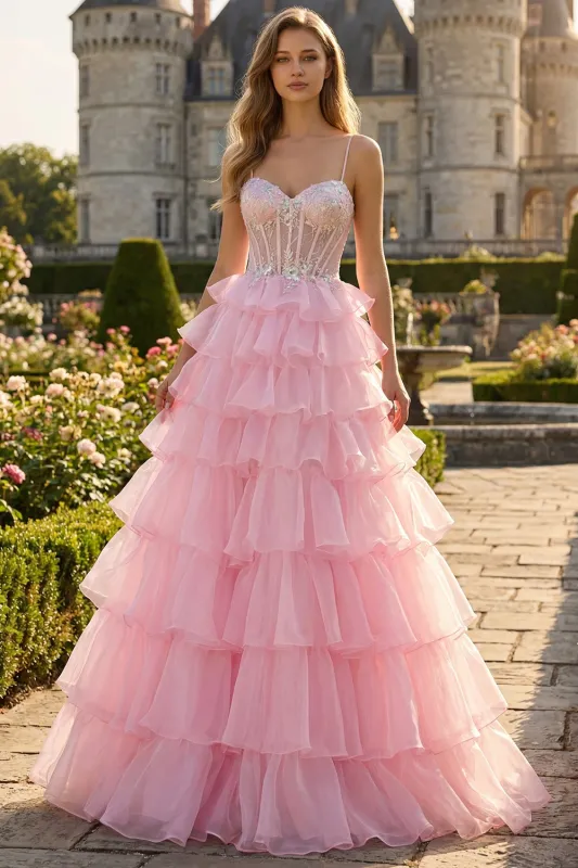 Pink Princess Sequin Sweetheart Corset Tiered Ruffle Long Prom Dress made by Wedtrend
