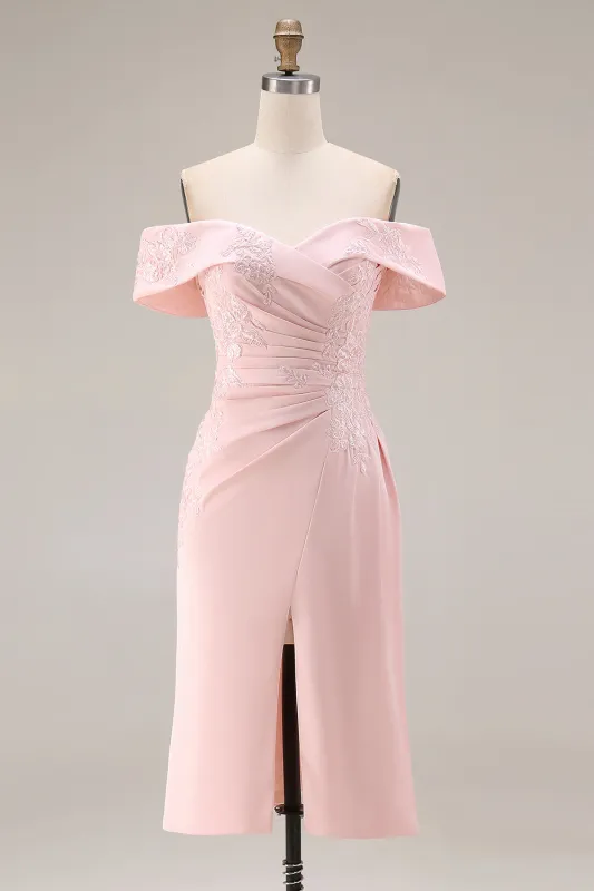 Blush Pink Off the Shoulder Sheath Appliqued Mother of the Bride Dress with Slit made by Wedtrend
