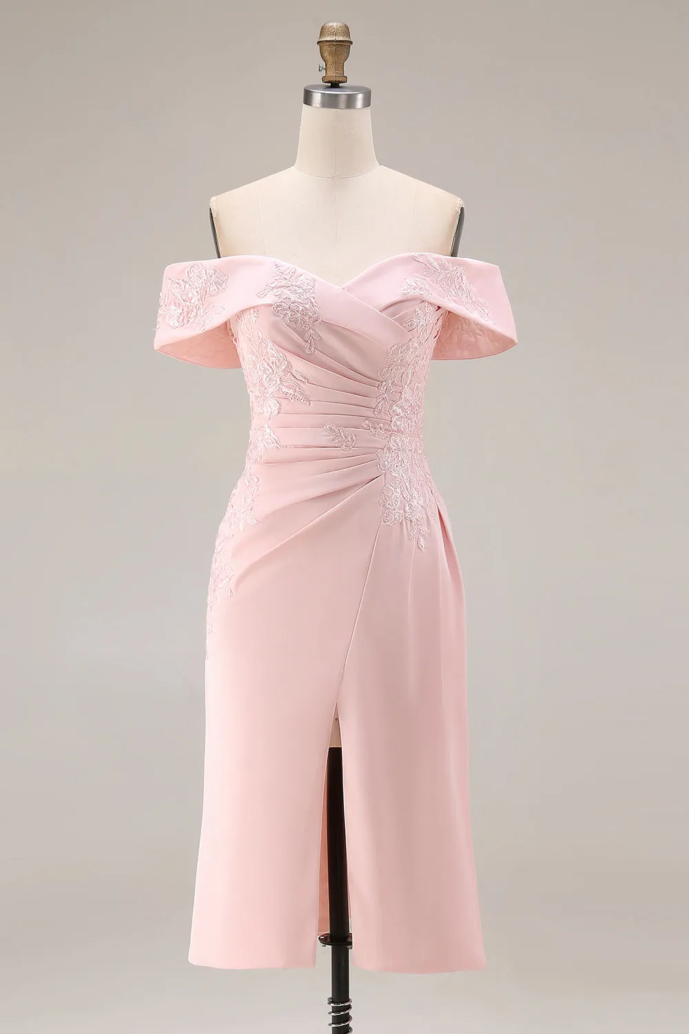 Blush Pink Off the Shoulder Sheath Appliqued Mother of the Bride Dress with Slit sold by Wedtrend