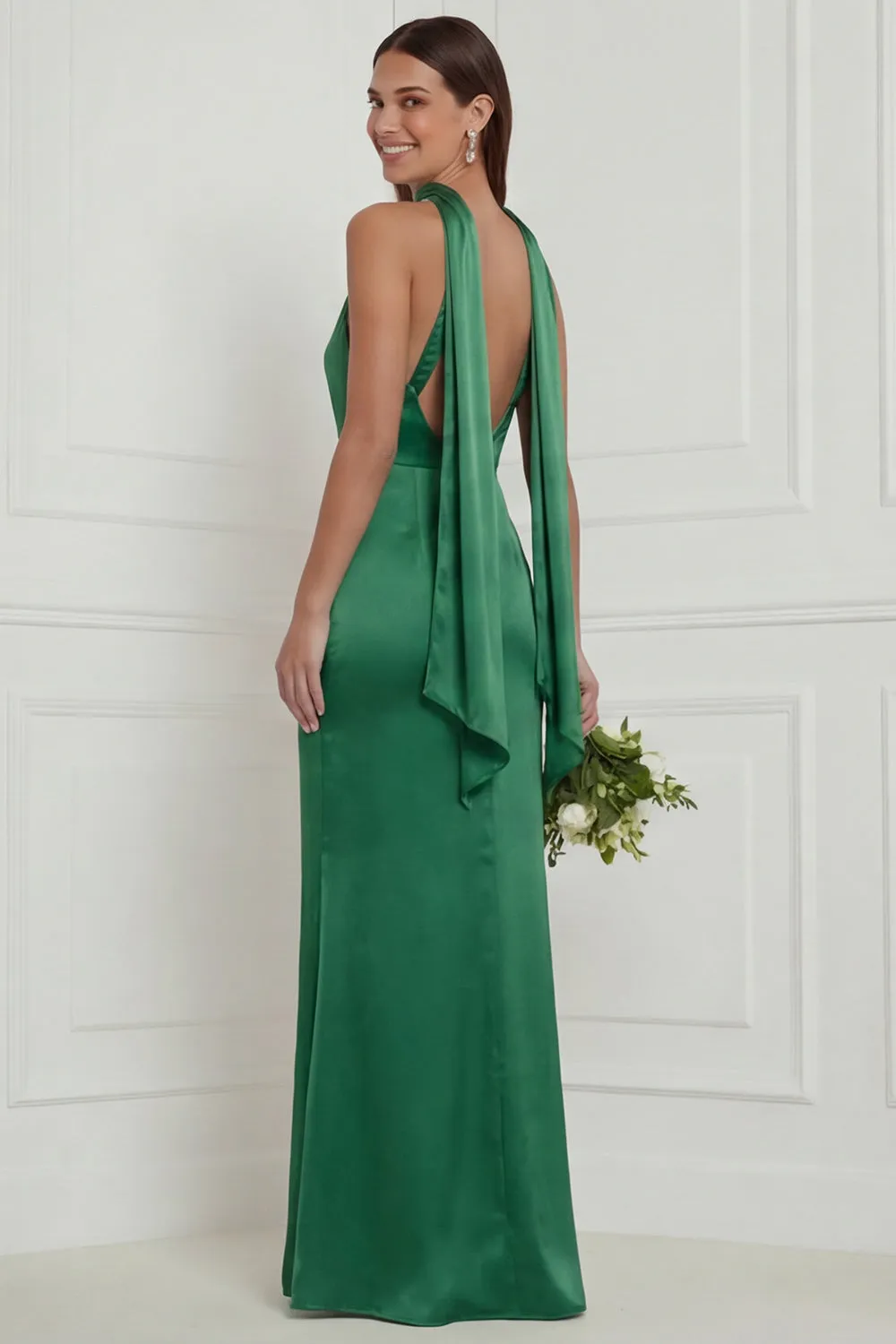 Green Halter Mermaid Satin Long Bridesmaid Dress with Streamer sold by Wedtrend product image thumbnail 2