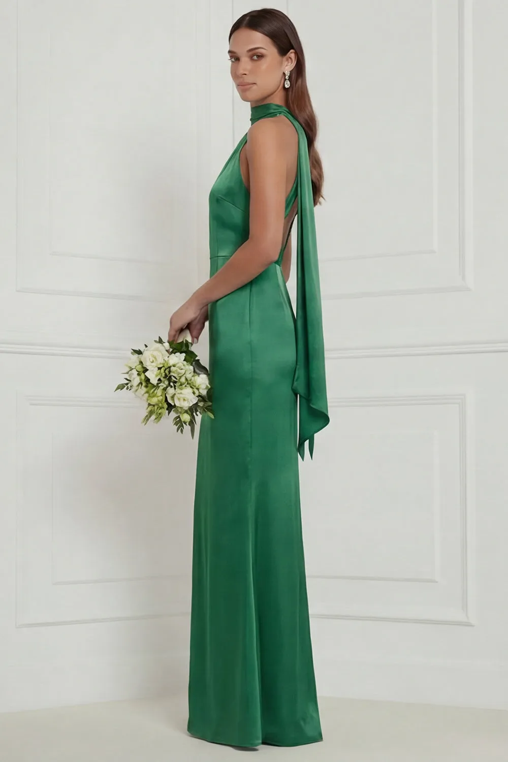 Green Halter Mermaid Satin Long Bridesmaid Dress with Streamer sold by Wedtrend product image thumbnail 3