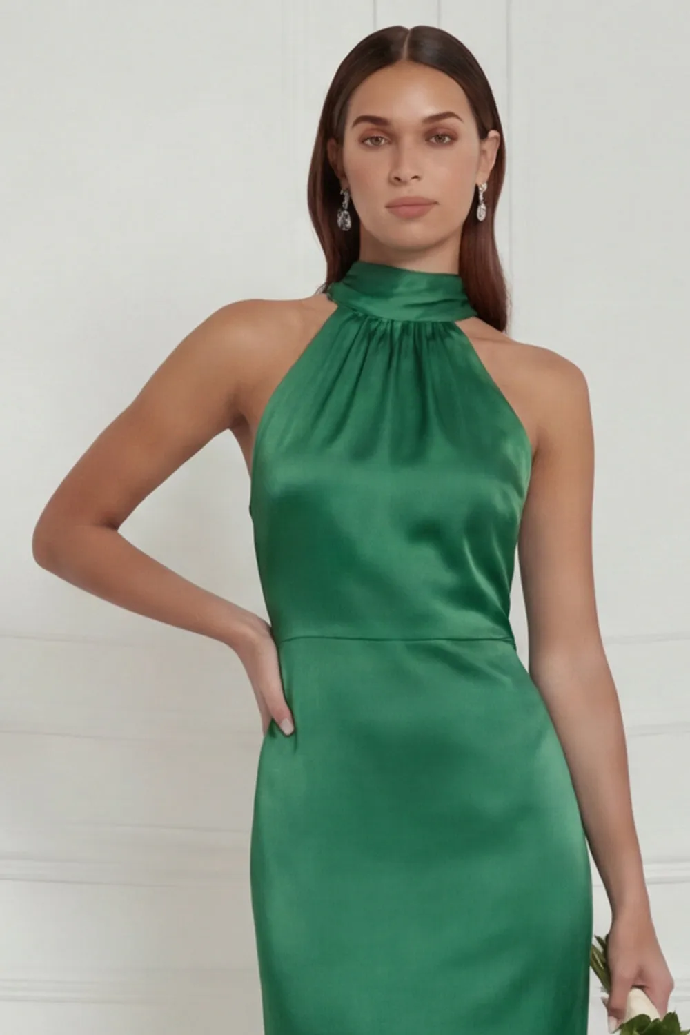 Green Halter Mermaid Satin Long Bridesmaid Dress with Streamer sold by Wedtrend product image thumbnail 4