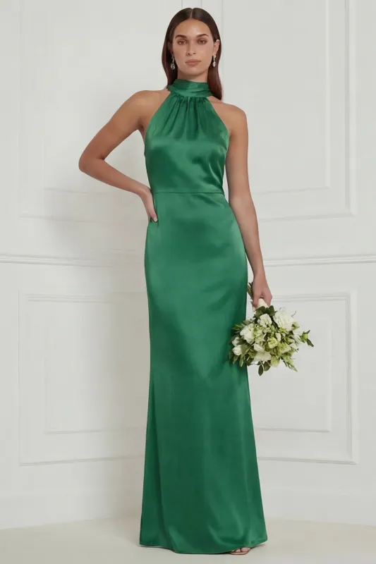 Green Halter Mermaid Satin Long Bridesmaid Dress with Streamer sold by Wedtrend