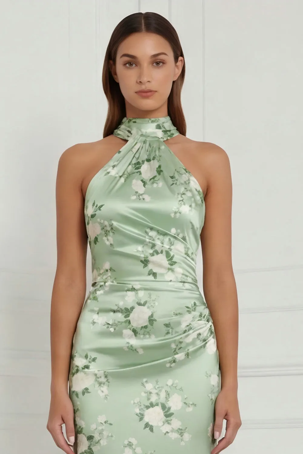 Sage Green Floral Mermaid Halter Printed Long Bridesmaid Dress with Streamer sold by Wedtrend product image thumbnail 5