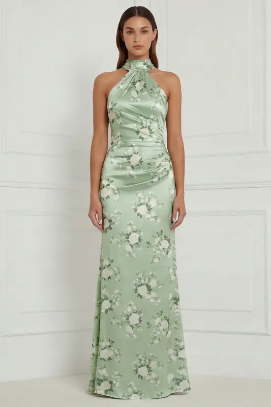 Sage Green Floral Mermaid Halter Printed Long Bridesmaid Dress with Streamer made by Wedtrend