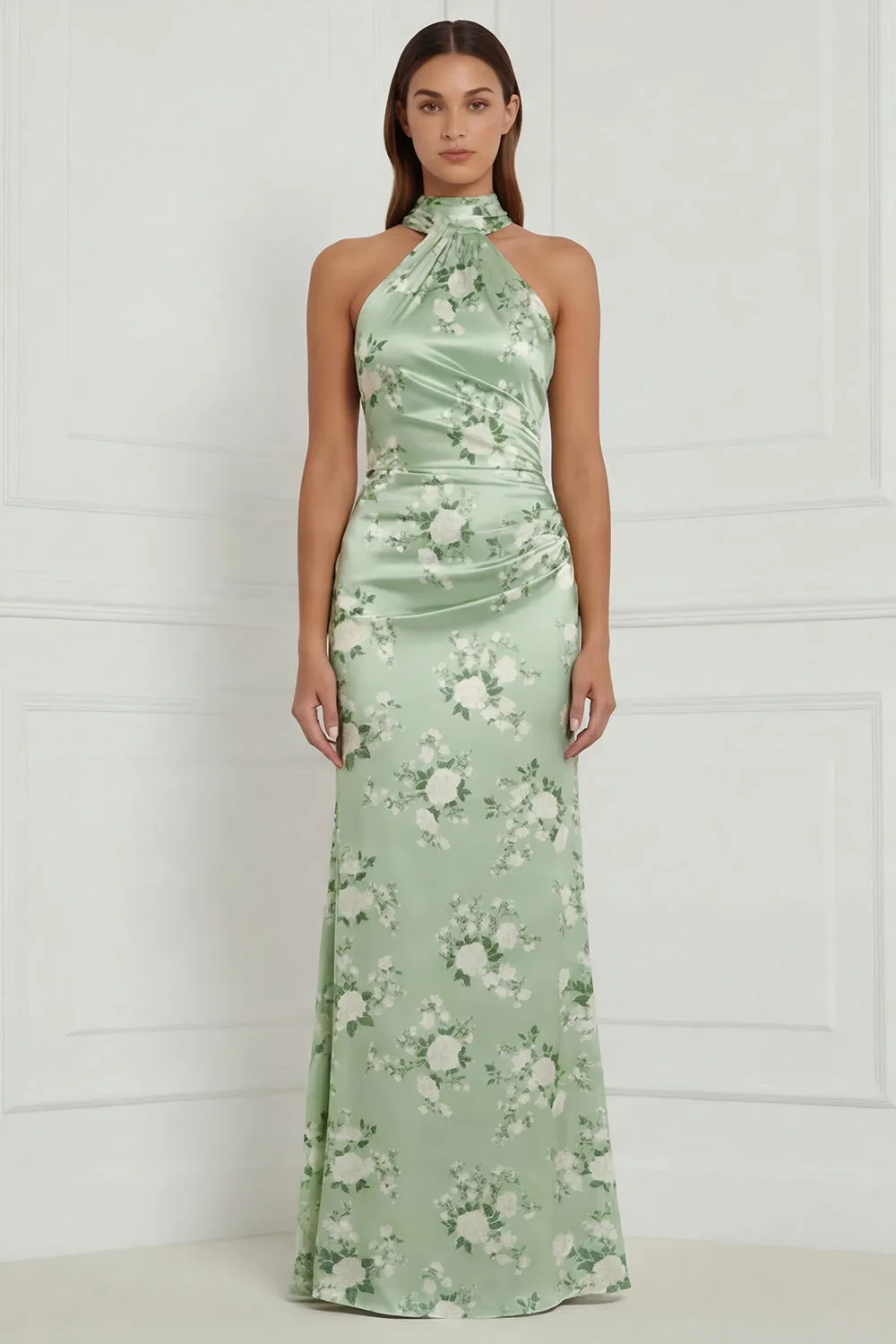 Sage Green Floral Mermaid Halter Printed Long Bridesmaid Dress with Streamer sold by Wedtrend