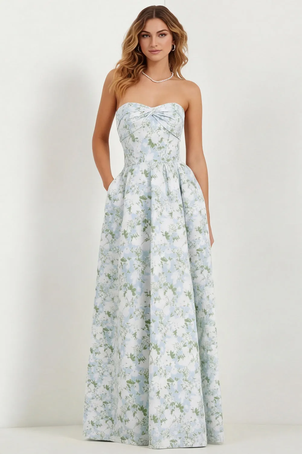 White Blue Floral Strapless A Line Printed Long Bridesmaid Dress with Pockets sold by Wedtrend