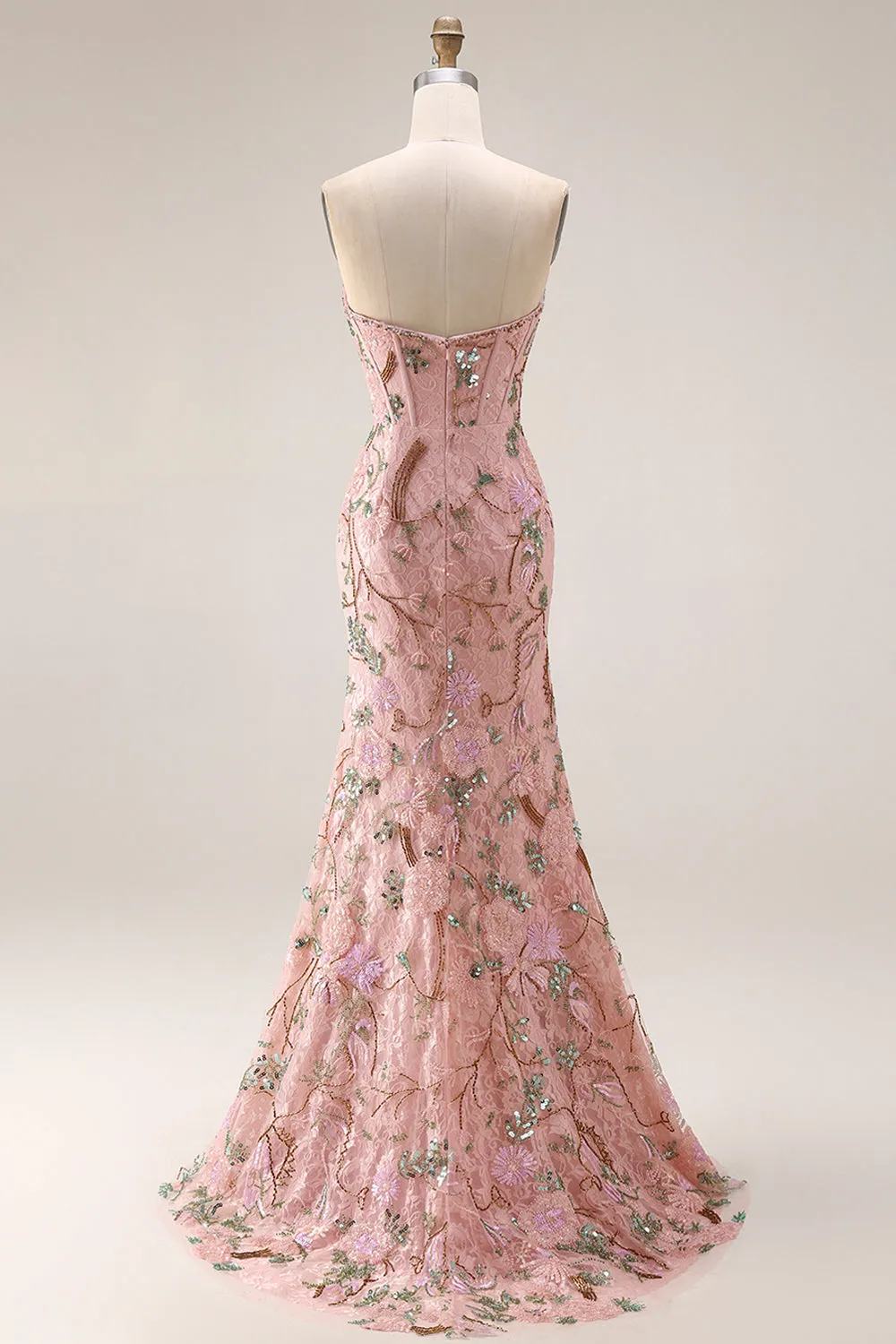 Strapless Pink Floral Mermaid Beaded Corset Long Prom Dress with Slit sold by Wedtrend product image thumbnail 5