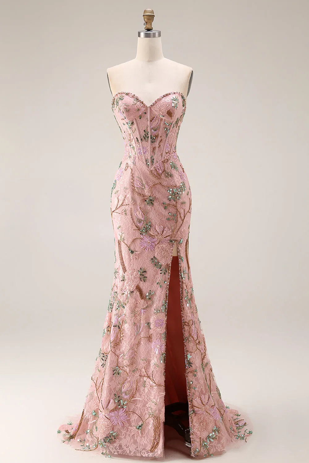 Strapless Pink Floral Mermaid Beaded Corset Long Prom Dress with Slit sold by Wedtrend product image thumbnail 4