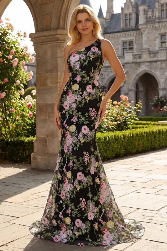 Black Pink Floral Sequin One Shoulder Mermaid Long Prom Dress made by Wedtrend
