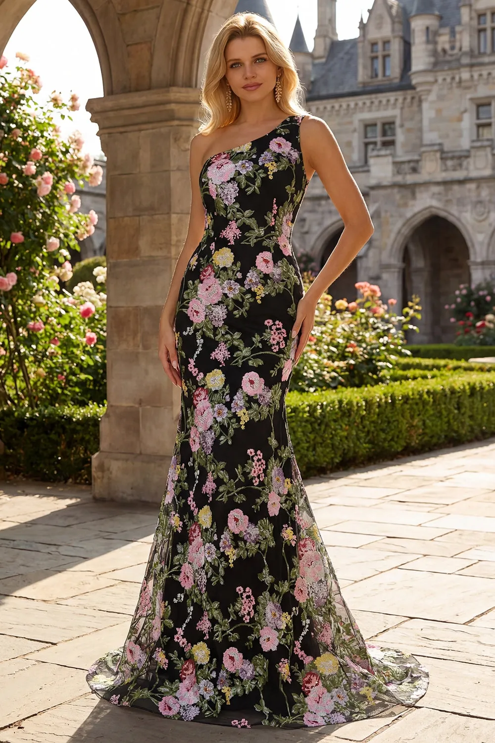 Black Pink Floral Sequin One Shoulder Mermaid Long Prom Dress sold by Wedtrend