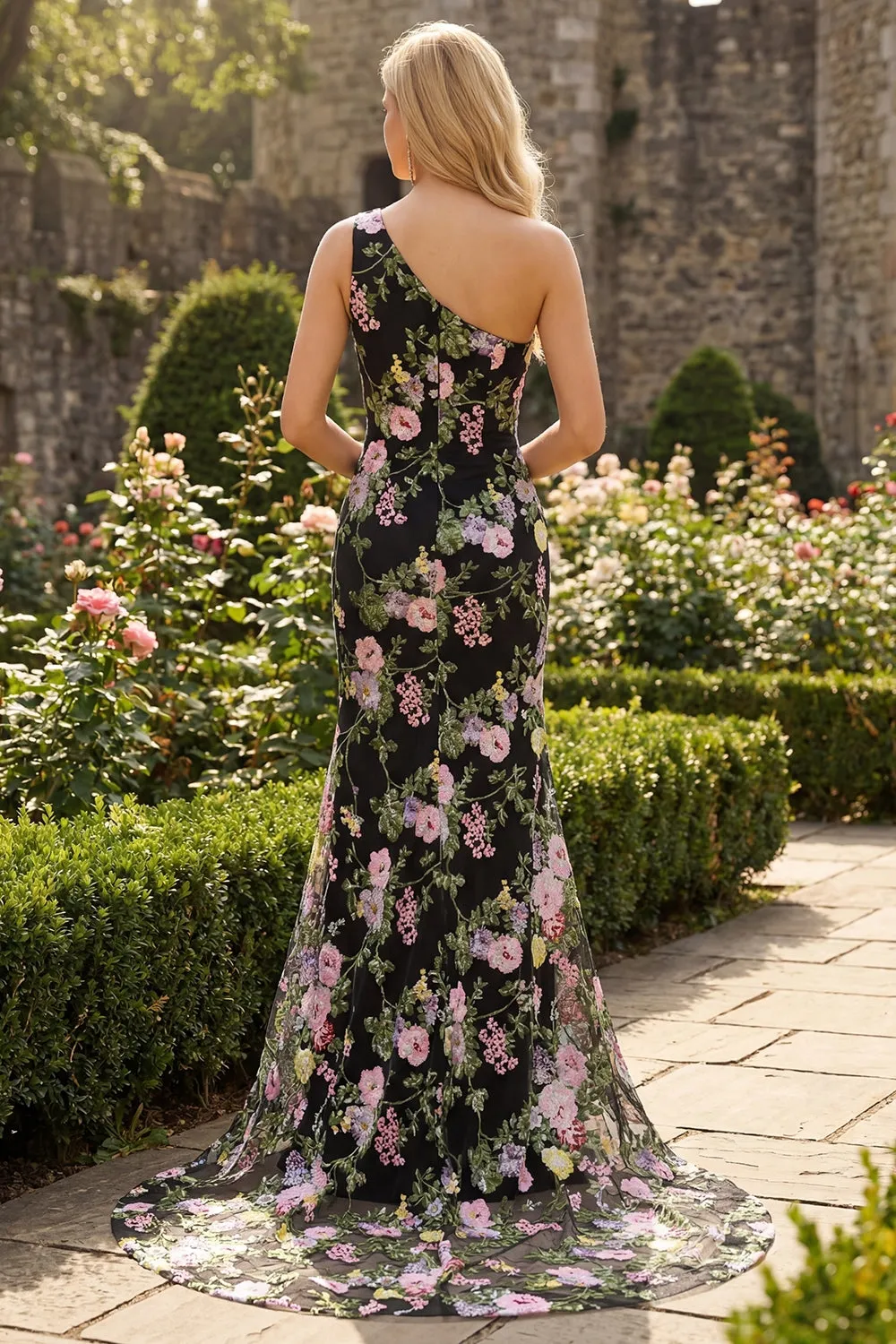 Black Pink Floral Sequin One Shoulder Mermaid Long Prom Dress sold by Wedtrend product image thumbnail 2