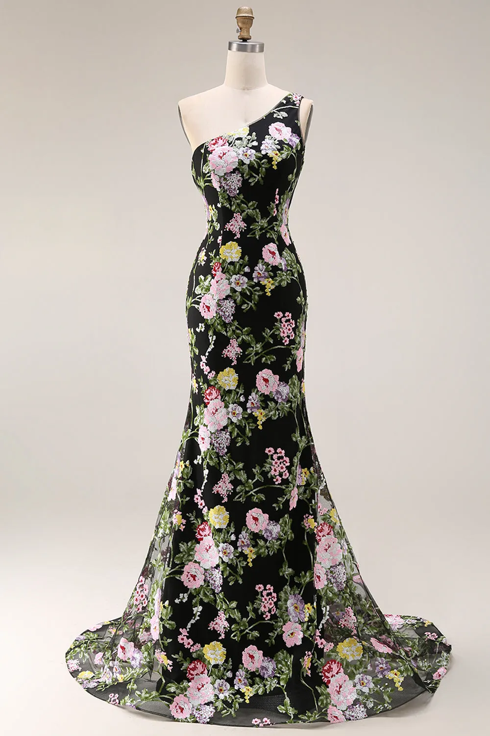 Black Pink Floral Sequin One Shoulder Mermaid Long Prom Dress sold by Wedtrend product image thumbnail 5