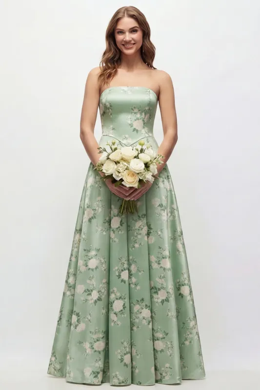 Green Flower A Line Strapless Long Bridesmaid Dress sold by Wedtrend