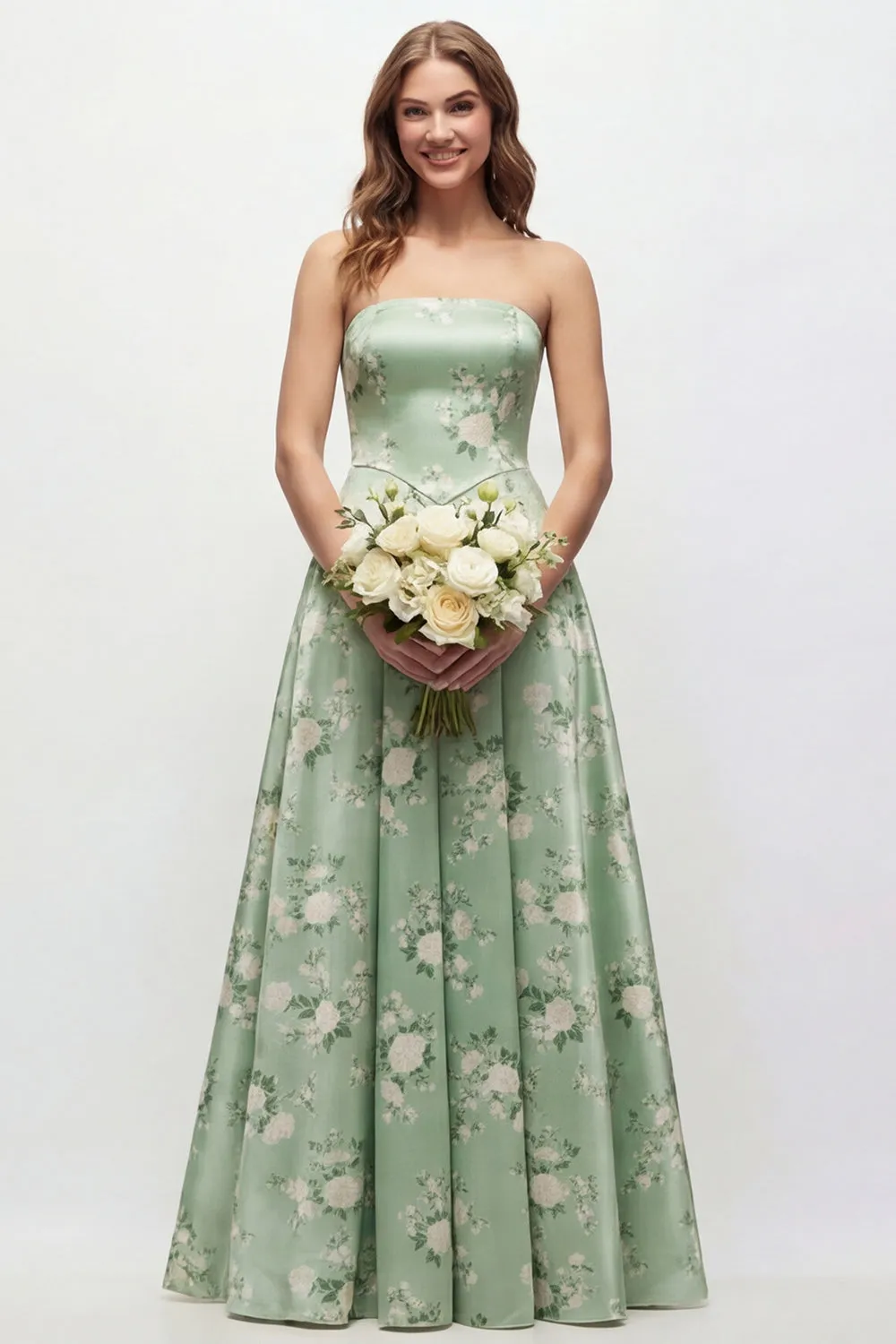 Green Flower A Line Strapless Long Bridesmaid Dress sold by Wedtrend