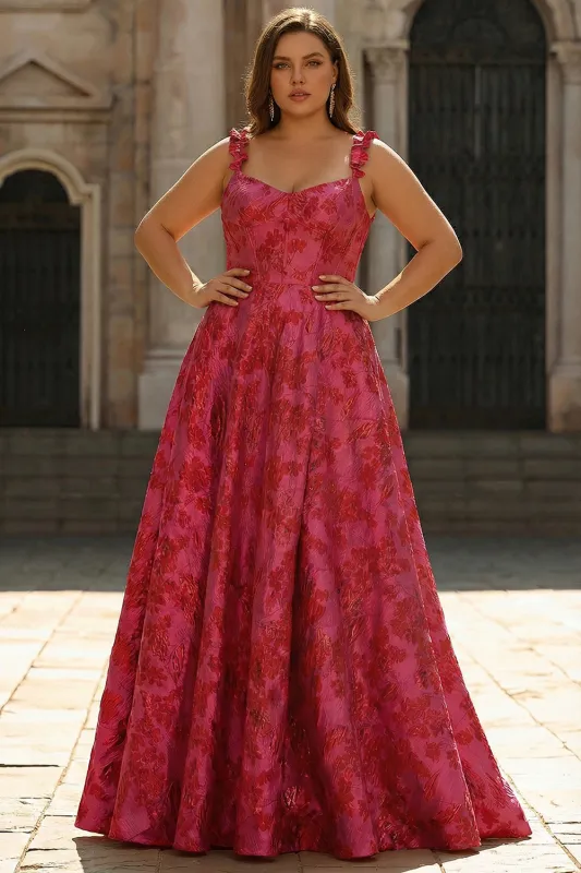 Fuchsia Floral A-Line Plus Size Jacquard Maxi Prom Dress with Slit sold by Wedtrend