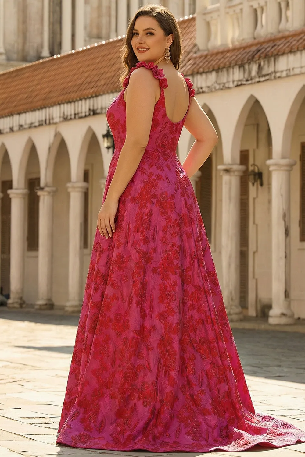Fuchsia Floral A-Line Plus Size Jacquard Maxi Prom Dress with Slit sold by Wedtrend product image thumbnail 2