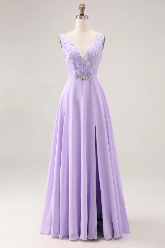 Lilac A Line Sequin Applique Long Bridesmaid Dress with Slit made by Wedtrend