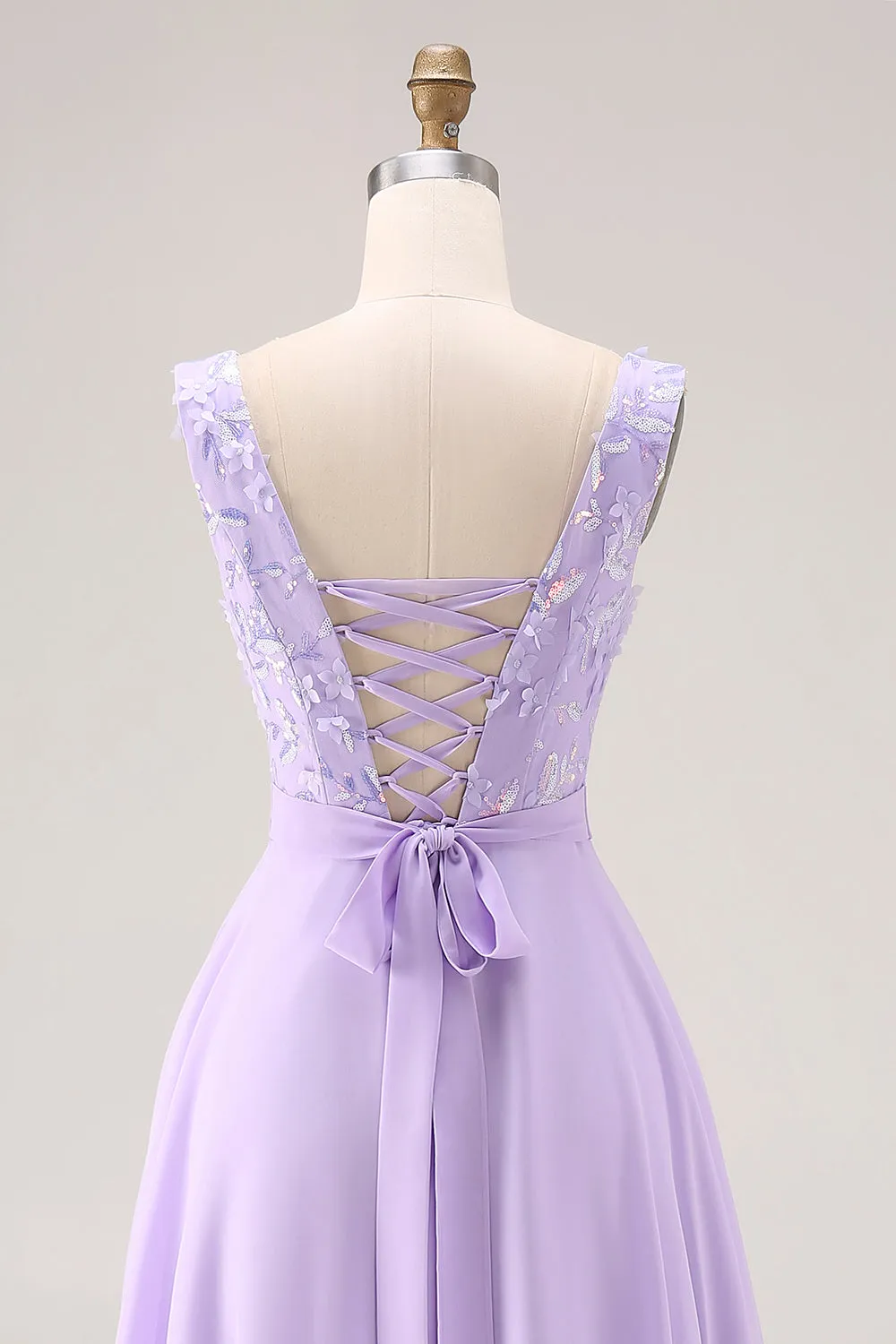Lilac A Line Sequin Applique Long Bridesmaid Dress with Slit sold by Wedtrend product image thumbnail 5