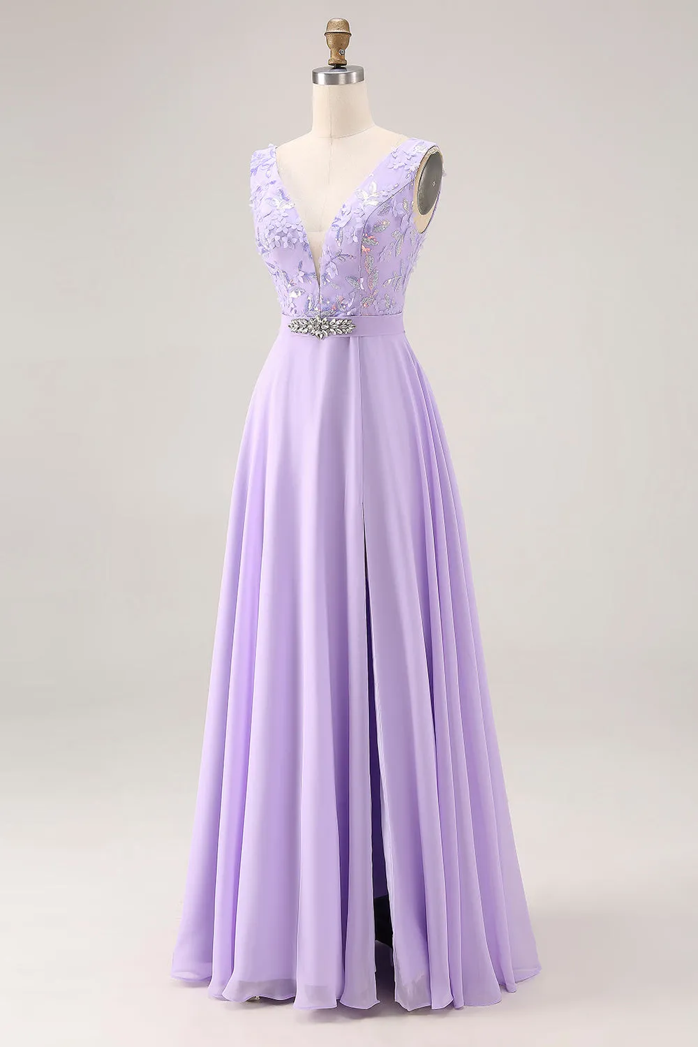 Lilac A Line Sequin Applique Long Bridesmaid Dress with Slit sold by Wedtrend product image thumbnail 3