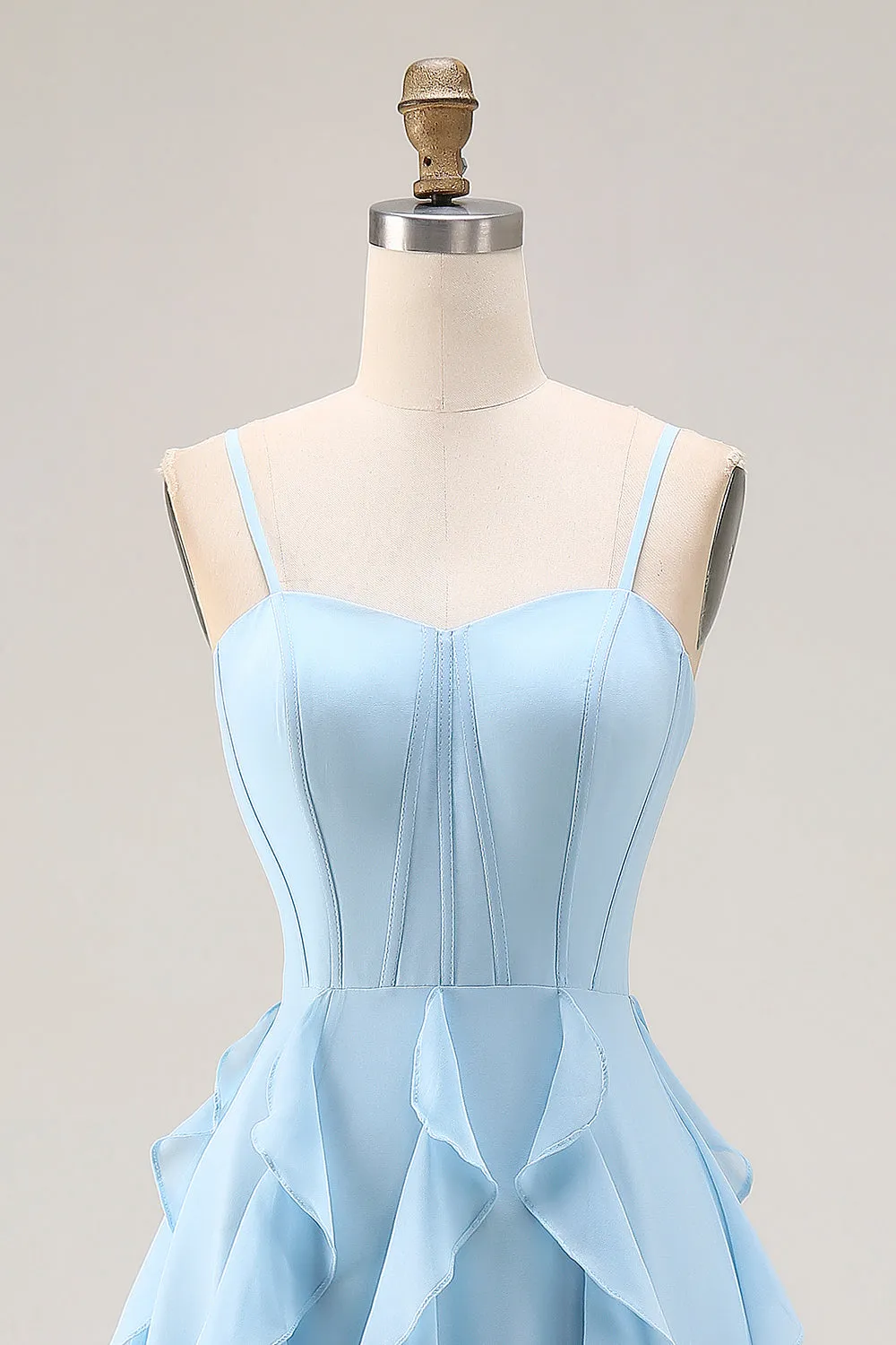 Sky Blue A Line Ruffled Corset Long Bridesmaid Dress with Slit sold by Wedtrend product image thumbnail 4