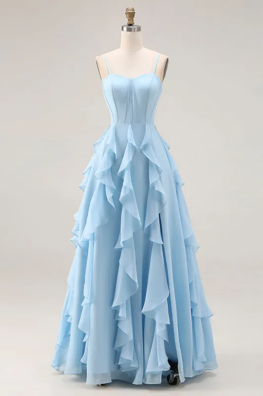 Sky Blue A Line Ruffled Corset Long Bridesmaid Dress with Slit made by Wedtrend