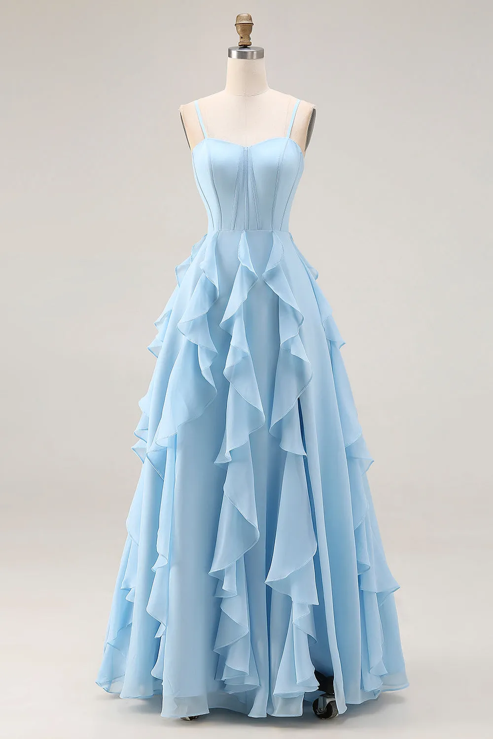 Sky Blue A Line Ruffled Corset Long Bridesmaid Dress with Slit sold by Wedtrend
