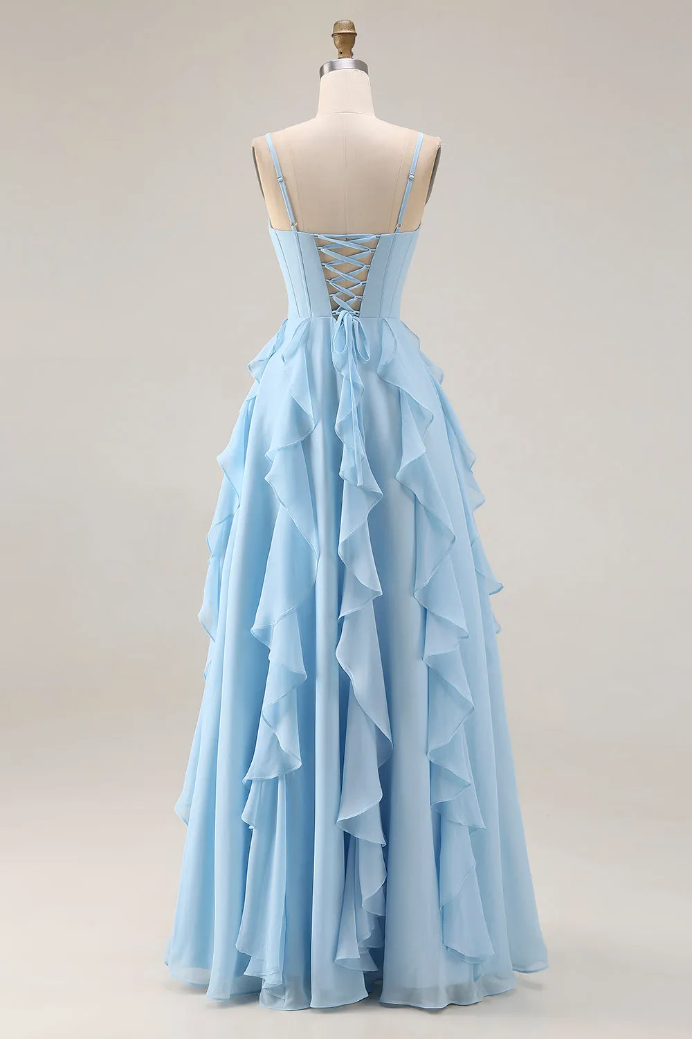 Sky Blue A Line Ruffled Corset Long Bridesmaid Dress with Slit sold by Wedtrend product image thumbnail 2